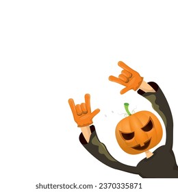 Man in halloween costume with pumpkin mask isolated on white background. Happy Halloween rock n roll party background and poster design template with funny Halloween cartoon character.