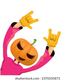 Man in halloween costume with pumpkin mask isolated on white background. Happy Halloween rock n roll party background and poster design template with funny Halloween cartoon character.