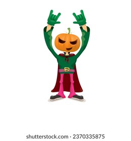 Man in halloween costume with pumpkin mask isolated on white background. Happy Halloween rock n roll party background and poster design template with funny Halloween cartoon character.