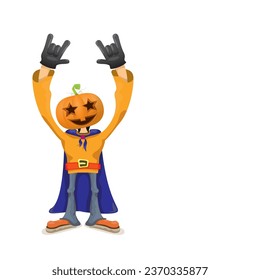 Man in halloween costume with pumpkin mask isolated on white background. Happy Halloween rock n roll party background and poster design template with funny Halloween cartoon character.