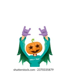 Man in halloween costume with pumpkin mask isolated on white background. Happy Halloween rock n roll party background and poster design template with funny Halloween cartoon character.