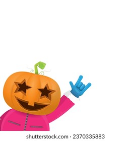 Man in halloween costume with pumpkin mask isolated on white background. Happy Halloween rock n roll party background and poster design template with funny Halloween cartoon character.