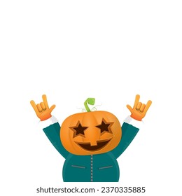 Man in halloween costume with pumpkin mask isolated on white background. Happy Halloween rock n roll party background and poster design template with funny Halloween cartoon character.