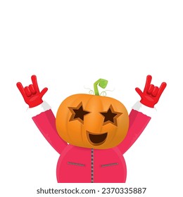 Man in halloween costume with pumpkin mask isolated on white background. Happy Halloween rock n roll party background and poster design template with funny Halloween cartoon character.