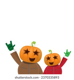 Man in halloween costume with pumpkin mask isolated on white background. Happy Halloween rock n roll party background and poster design template with funny Halloween cartoon character.