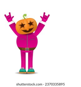 Man in halloween costume with pumpkin mask isolated on white background. Happy Halloween rock n roll party background and poster design template with funny Halloween cartoon character.