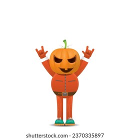 Man in halloween costume with pumpkin mask isolated on white background. Happy Halloween rock n roll party background and poster design template with funny Halloween cartoon character.