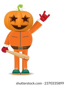 Man in halloween costume with pumpkin mask isolated on white background. Happy Halloween rock n roll party background and poster design template with funny Halloween cartoon character.