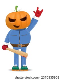 Man in halloween costume with pumpkin mask isolated on white background. Happy Halloween rock n roll party background and poster design template with funny Halloween cartoon character.