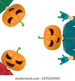 Man in halloween costume with pumpkin mask isolated on white background. Happy Halloween rock n roll party background and poster design template with funny Halloween cartoon character.