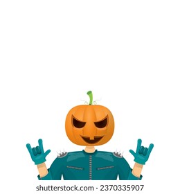 Man in halloween costume with pumpkin mask isolated on white background. Happy Halloween rock n roll party background and poster design template with funny Halloween cartoon character.