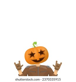 Man in halloween costume with pumpkin mask isolated on white background. Happy Halloween rock n roll party background and poster design template with funny Halloween cartoon character.