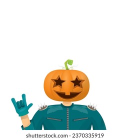 Man in halloween costume with pumpkin mask isolated on white background. Happy Halloween rock n roll party background and poster design template with funny Halloween cartoon character.