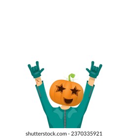 Man in halloween costume with pumpkin mask isolated on white background. Happy Halloween rock n roll party background and poster design template with funny Halloween cartoon character.