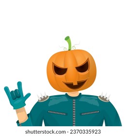 Man in halloween costume with pumpkin mask isolated on white background. Happy Halloween rock n roll party background and poster design template with funny Halloween cartoon character.