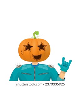 Man in halloween costume with pumpkin mask isolated on white background. Happy Halloween rock n roll party background and poster design template with funny Halloween cartoon character.