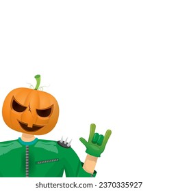 Man in halloween costume with pumpkin mask isolated on white background. Happy Halloween rock n roll party background and poster design template with funny Halloween cartoon character.