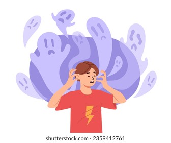 Man with hallucinations in head concept. Young guy on background of ghosts. Fear and horror. Paranoia and schizophrenia. Mental problems and psychological disorders. Cartoon flat vector illustration