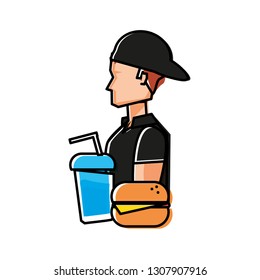 man with hamburger and soda