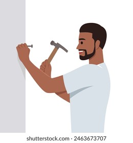 Man with hammer makes repairs in house by hammering nail into wall. Flat vector illustration isolated on white background
