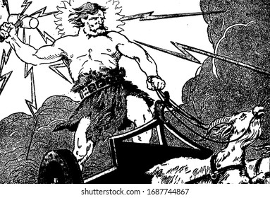 A man with hammer standing in chariot driven by two goats, vintage line drawing or engraving illustration svg