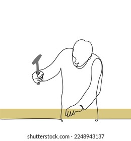 man hammering a nail into wood - one line drawing vector. concept craftsman at work