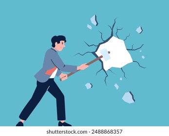 Man hammering wall. Businessman overcoming problems and destroy obstacle. Person with giant hammer, target or goal achievement recent vector scene