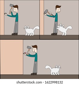 The man hammers a nail and the cat prevents him. Man and cat relationship. Pet. Comics. Vector illustration.