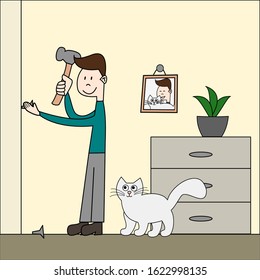 The man hammers a nail. Man and cat relationship. Friendship. Pet. Vector illustration.