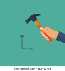 Man hammers in the nail. Holding in hand hammer. Construction and repair. Human repairman with working tools. Vector illustration flat design. Isolated on background.