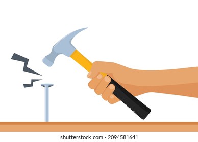 Man hammers in the nail isolated on white background. Holding in hand hammer. Construction and repair. Human repairman with working tools. Vector