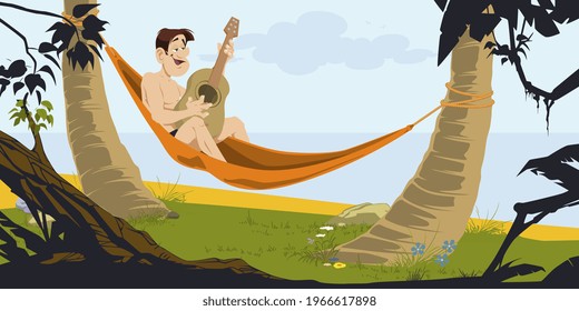 Man in hammock plays guitar. Illustration concept for mobile website and internet development.