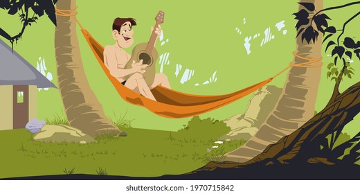 Man in hammock plays the guitar. Illustration concept for mobile website and internet development.