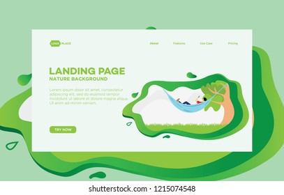 Man in hammock. trees and park on background. Banner, site, poster template with place your text. Vector illustration for landing page.