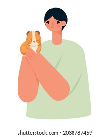 man and hamster over white