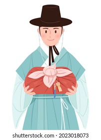 A man in a hanbok holds a gift bag and smiles. Korean traditional holiday celebration concept vector character illustration.