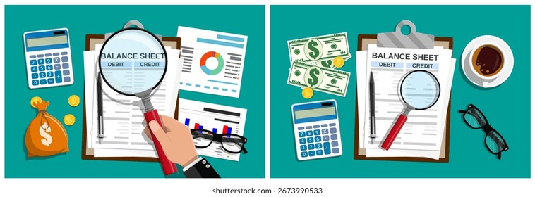 Uma mão de homem analisando o balanço com lupa. Contabilidade financeira e conceito de auditoria. Ilustração de vetor plano para relatório de negócios.