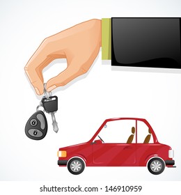 Man hand with auto key and red car on the background