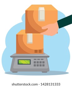 man hand with boxes packages in the weighing machine