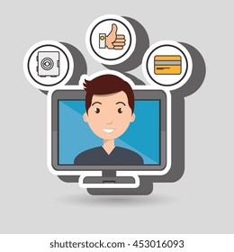 man with hand card and screen isolated icon design, vector illustration  graphic 