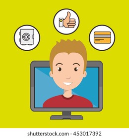 man with hand card and screen isolated icon design, vector illustration  graphic 