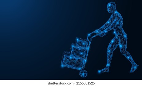 Man with a hand cart is transporting boxes. Polygonal design of lines and dots. Blue background.