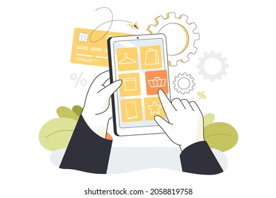 Man hand choosing category and products in smartphone using online shop service, app. Customer shopping, making payment via electronic device. Ecommerce, application for purchases, technology concept