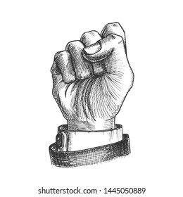 Man Hand Clenched Finger In Fist Gesture Vector. Male Arm Gesture Showing Sign Power Or Disagree. Businessman Wrist Gesturing Signal Monochrome Designed Closeup Cartoon Illustration