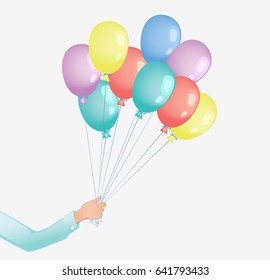 Man hand with colored flying balloons on white background. Vector illustration.