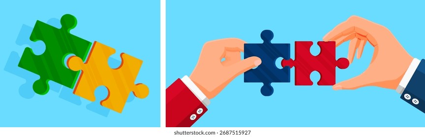 Man hand connecting red and blue puzzle pieces, another orange and green puzzle for cooperation concept. Jigsaw solution, team work partnership.