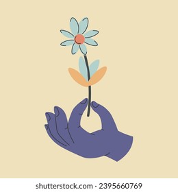 Man hand delicately crandling daisy or chamomile, fragile mayweed flower. Symbiosis of strenght and delicacy. Annual plant of Asteraceae family, symbol of innocence and purity. Vector in flat style