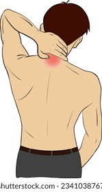 a man hand draw vector suffering from neck pain using hand massage painful neck   nape  mono tone color and red highlight at neck   health care  medical concept 