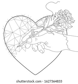 Man hand is drawing heart. Greeting card for Valentines Day. Vector contour greeting card for invitation, banner and your creativity. Coloring book for adults.