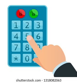 Man hand enter password to unlock door, safe. Vector illustration, flat style, isolated on white background.